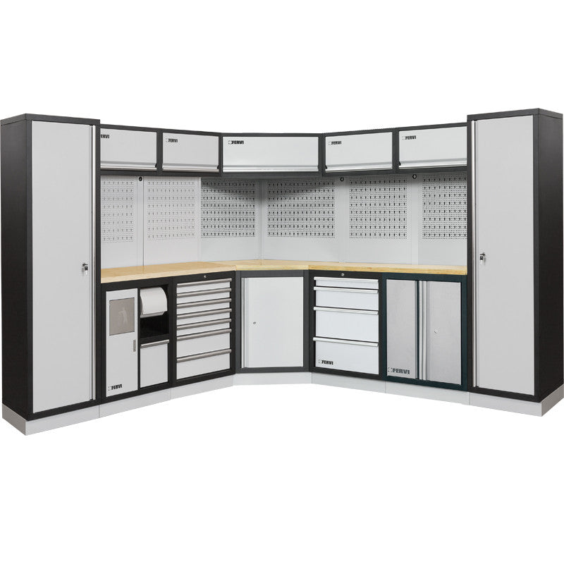 Aménagement d’angle pour atelier A007L Fervi – 2800 × 2800 × 2000 mm – Plan de travail en acier – réf. A008L
