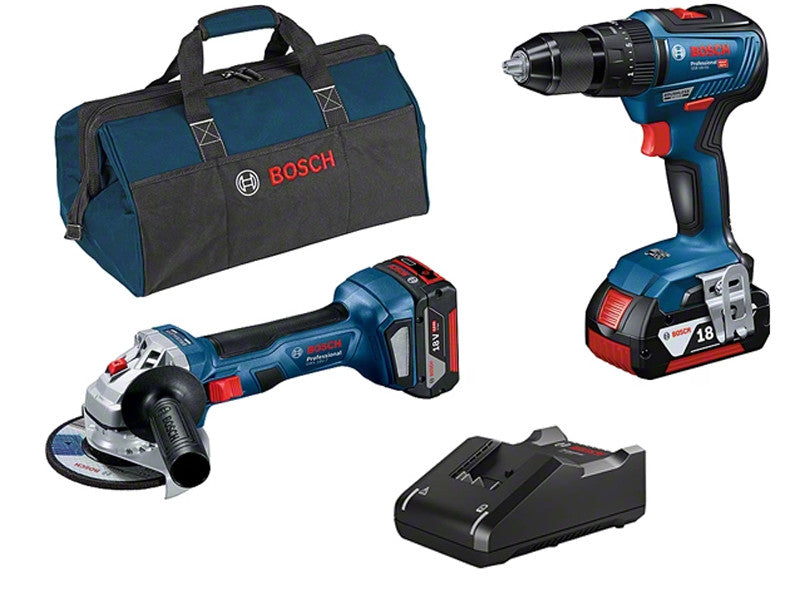 Bosch kit 2 outils perceuse GSB 18V-55 meuleuse GWS 18V-7 2x4Ah chargeur sac