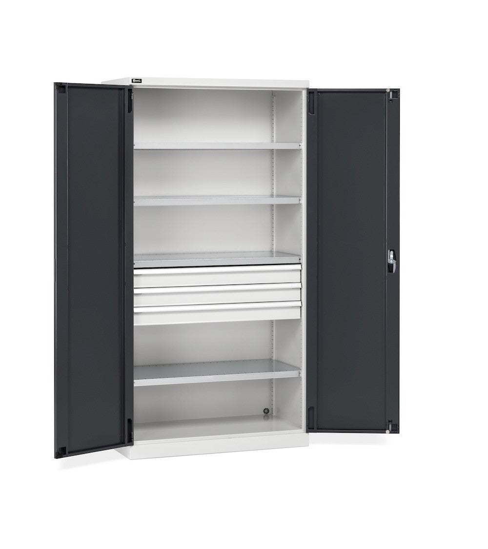 Szafka z drzwiami skrzydłowymi Fami Perfom 1023x555x2000mm z 4 półkami i 3 szufladami, obciążenie 800 kg - Szary+Antracyt RAL 7035+7016 - ref. PERFOM14004