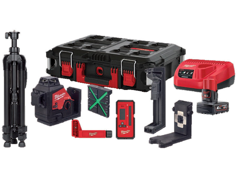 Milwaukee niveau laser M12 3PL kit 3 lignes vertes portée 38m avec accessoires