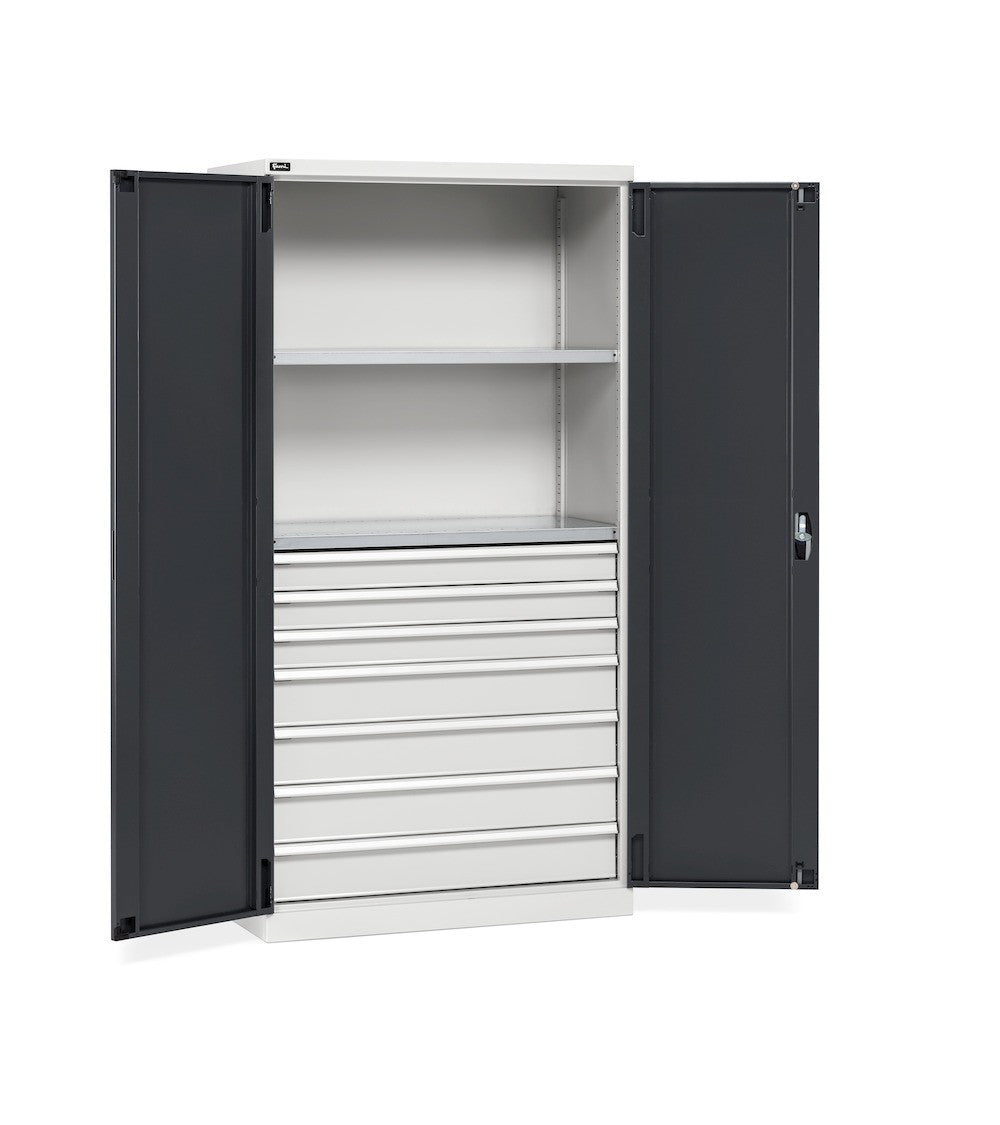 Szafa dwudrzwiowa Fami Perfom 1023x555x2000mm z 2 półkami i 7 szufladami, ładowność 800 kg - niebieska RAL 5012