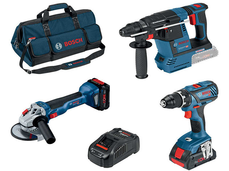 Bosch kit 3 outils 18V perceuse meuleuse perforateur 2 batteries ProCore