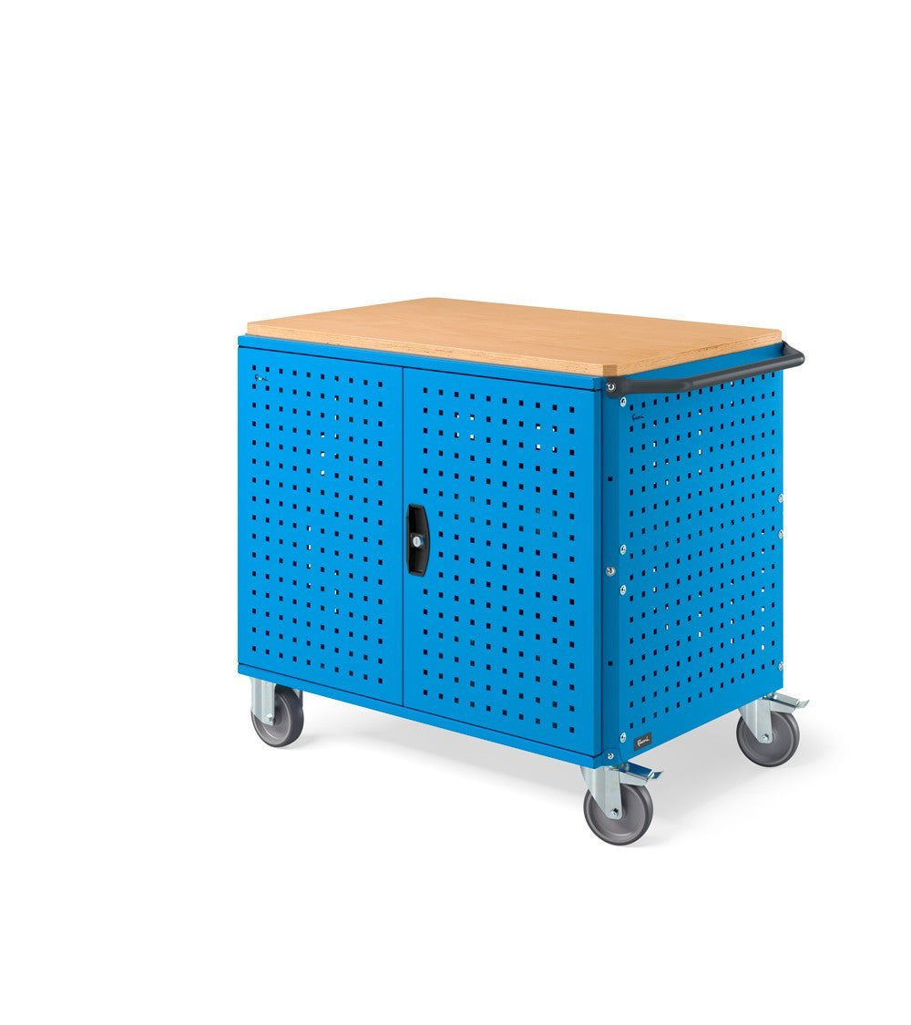 Chariot à trois étagères Clever Large Fami plateau en bois fermé 300kg - Bleu RAL 5012 - réf. CLEVER1018