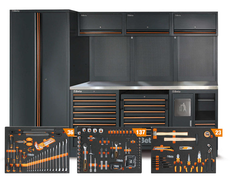 Beta utensili Werkstattmöbel C45PROX, schwarzer Edelstahl, mit 196 modularen Werkzeugen