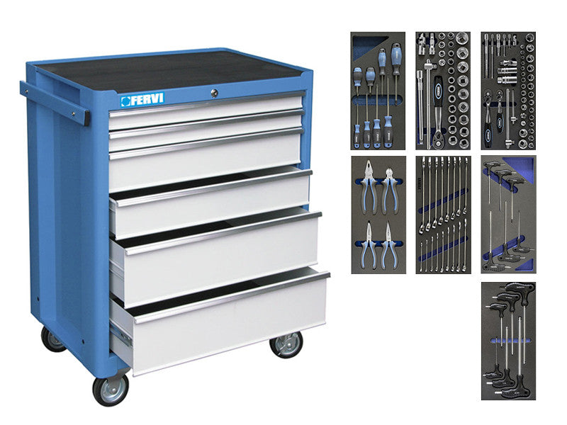 Chariot à outils Fervi C900/CC01 à 6 tiroirs avec 113 outils pour l’automobile