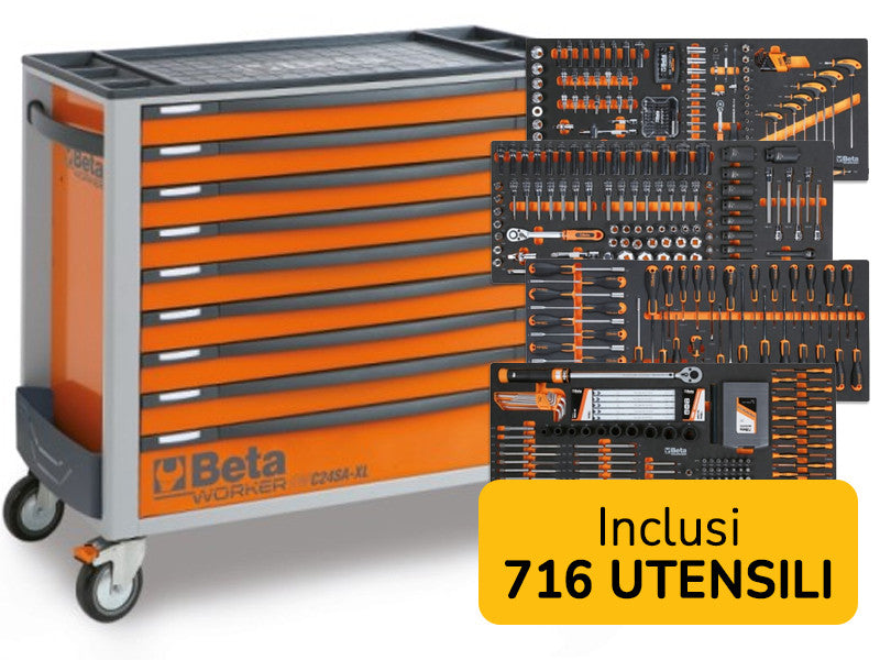 Beta Chariot d'Atelier 9 Tiroirs Rempli 716 outils Plan de Travail ABS Orange