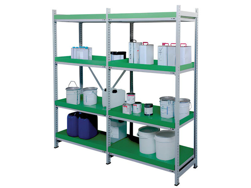 Regaleinheit mit 8 Carvel-Auffangwannen, 2090 x 500 x 1950 mm, für gefährliche Flüssigkeiten, 240 l Fassungsvermögen