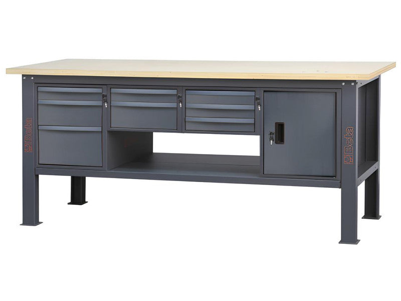 Beta Utensili Werkbank C58BC-W, 210 cm, anthrazitfarbene Holzplatte, 8 Schubladen, Schrank 