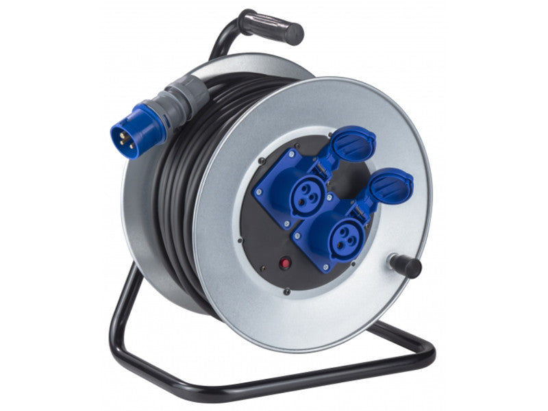 Zeca 3526 manuelle Kabeltrommel mit Stecker und 2 blauen CEE 16A Steckdosen, 30 Meter 