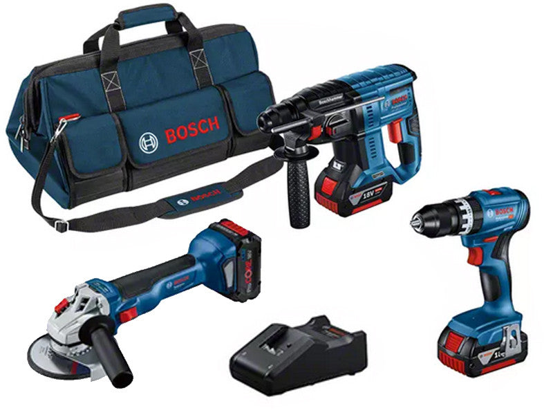 Bosch Kit 3 outils 18V perceuse meuleuse perforateur avec batteries chargeur sac