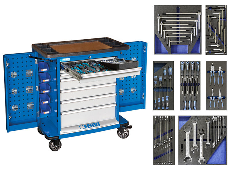 Chariot à outils Fervi C980/CC01 à 7 tiroirs avec 72 outils pour l’automobile