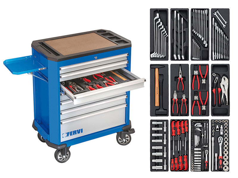 Chariot porte-outils Fervi C190C à 7 tiroirs avec 152 outils pour l’automobile