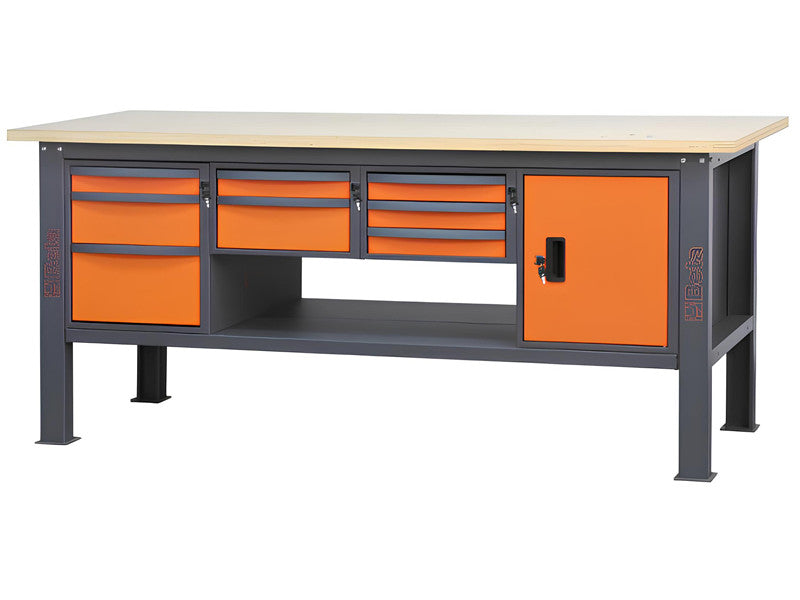 Beta utensili Profi-Werkbank 210 cm, Arbeitsplatte aus orange-anthrazitfarbenem Holz, 8 Schubladen, Schrank 