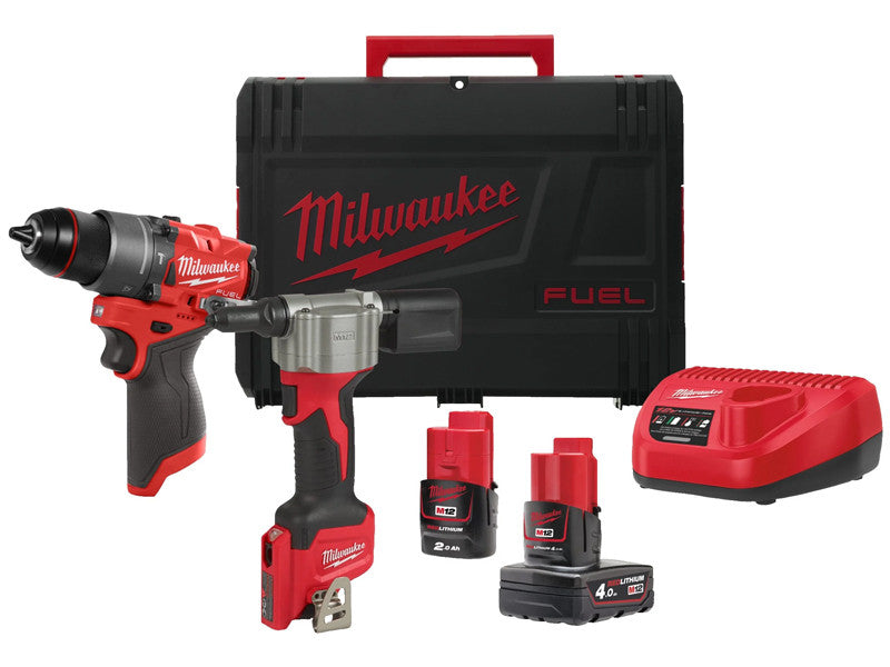 Milwaukee Kit 12V perceuse-visseuse M12 FPD2 riveteuse M12 BPRT 2 batteries
