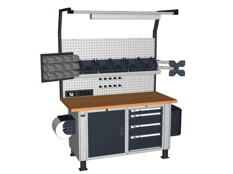 Banc de travail Fami Work Master BR 150 cm avec armoire, caisson à tiroirs, panneau perforé et contenants