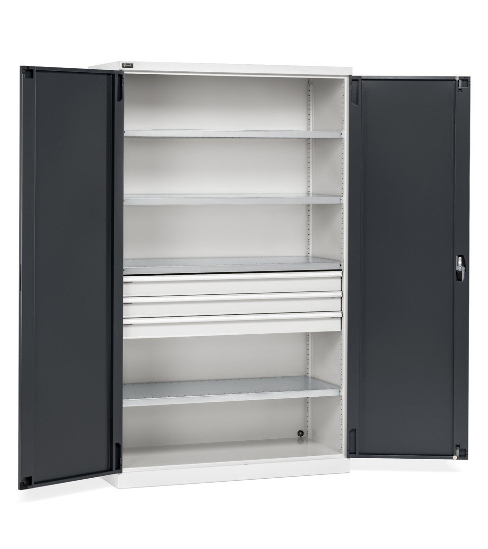 Armoire portes battantes Fami Perfom 1193x555x2000mm avec 4 étagères et 3 tiroirs, charge 800 Kg - Gris+Anthracite RAL 7035+7016 - réf. PERFOM17004