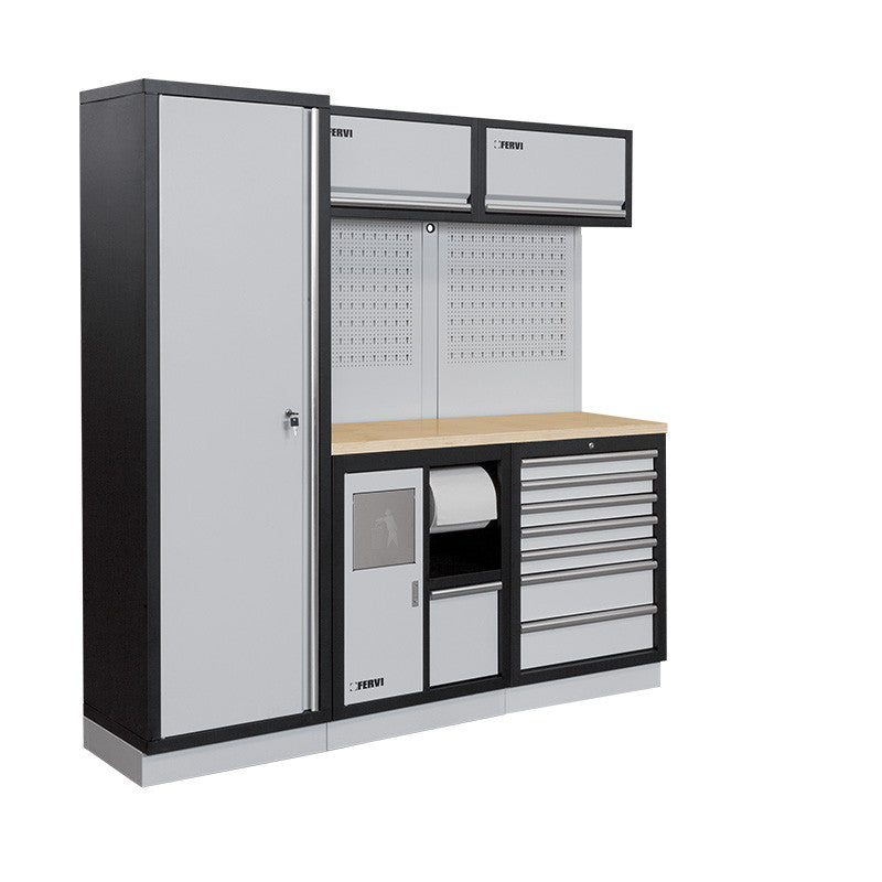 Wielofunkcyjny system modułowy do warsztatu A007I Fervi – 1960 × 498 × 2000 mm – Blat roboczy ze stali – nr ref. A008I