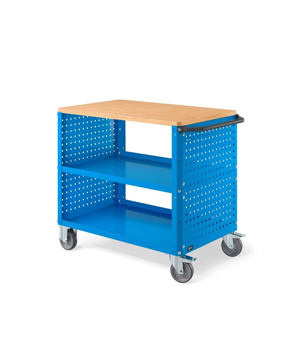 Chariot à trois étagères Clever Large Fami plateau en bois, charge 300kg + 2 panneaux perforés - Gris RAL 7035 - réf. CLEVER1013