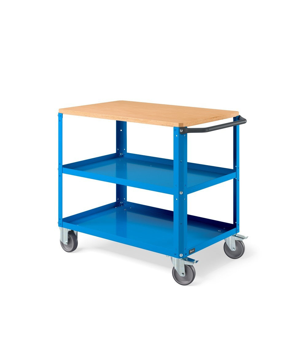 Chariot à trois plateaux Clever Large Fami plateau en bois charge 300kg - Bleu RAL 5012