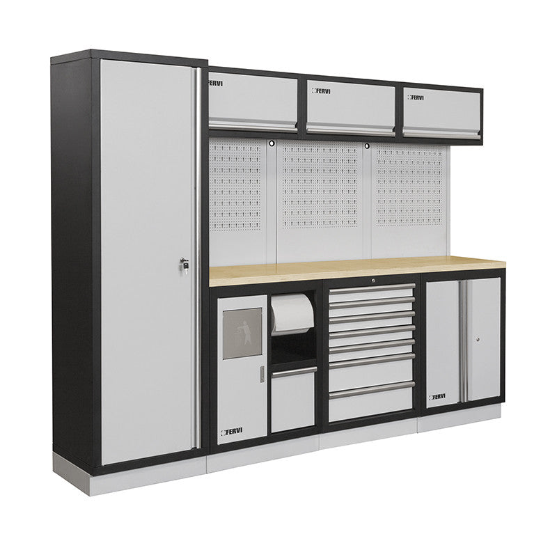 Aménagement modulaire multifonction pour atelier A007G Fervi – 2640 × 498 × 2000 mm – Plan de travail en acier – réf. A008G
