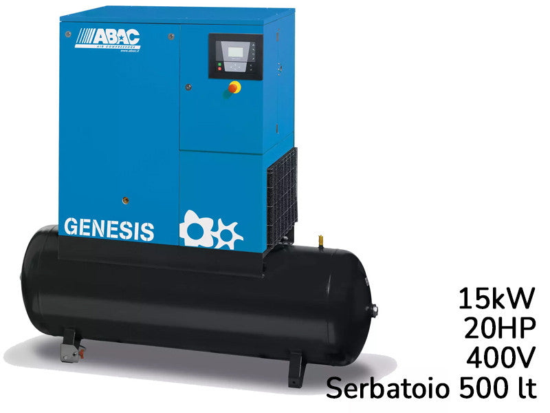 Compresseur rotatif à vis Abac Genesis 15kW vitesse fixe sur réservoir 500L 10 bar