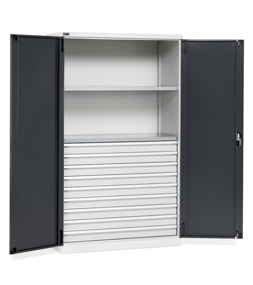 Szafa dwudrzwiowa Fami Perfom 1193x555x2000 mm z 2 półkami i 7 szufladami, ładowność 800 kg – Szara RAL 7035