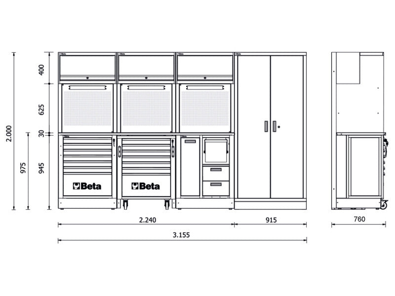 Beta Mobilier Atelier Combiné RSC50 2.0 F/411UT - 3155 x 760 x 2000 mm - 411 outils