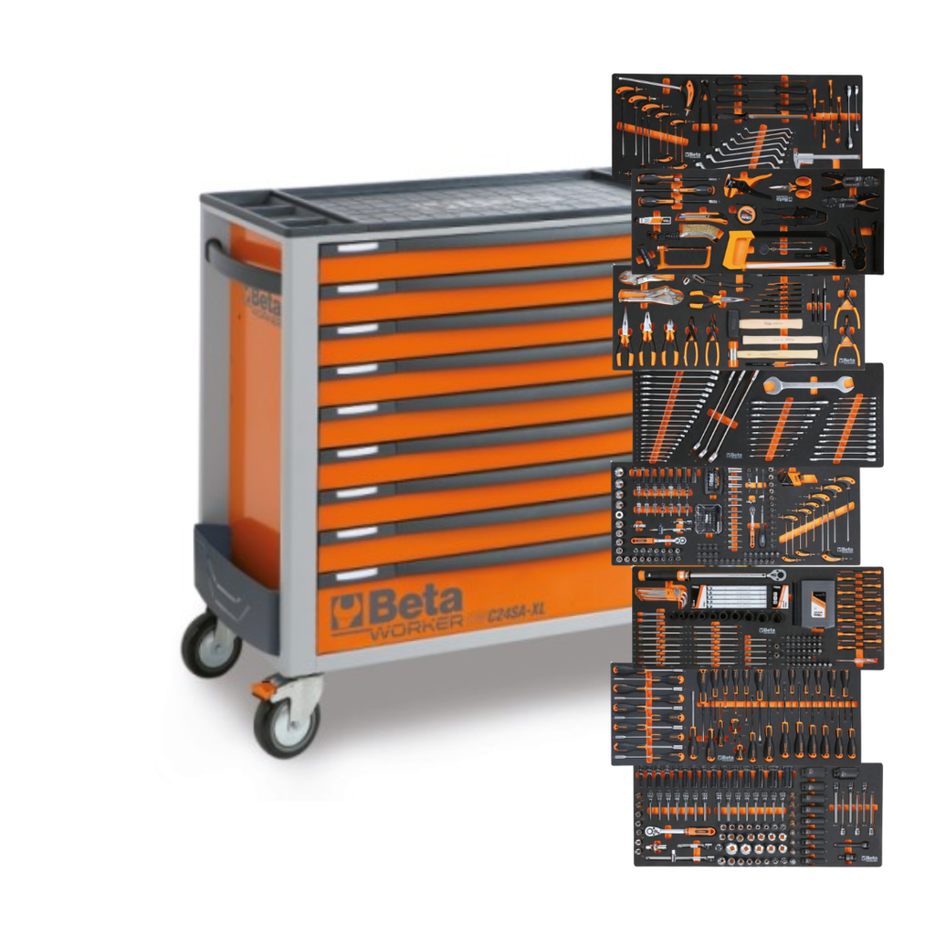 Beta Chariot d'Atelier 9 Tiroirs Rempli 716 outils Plan de Travail ABS Orange