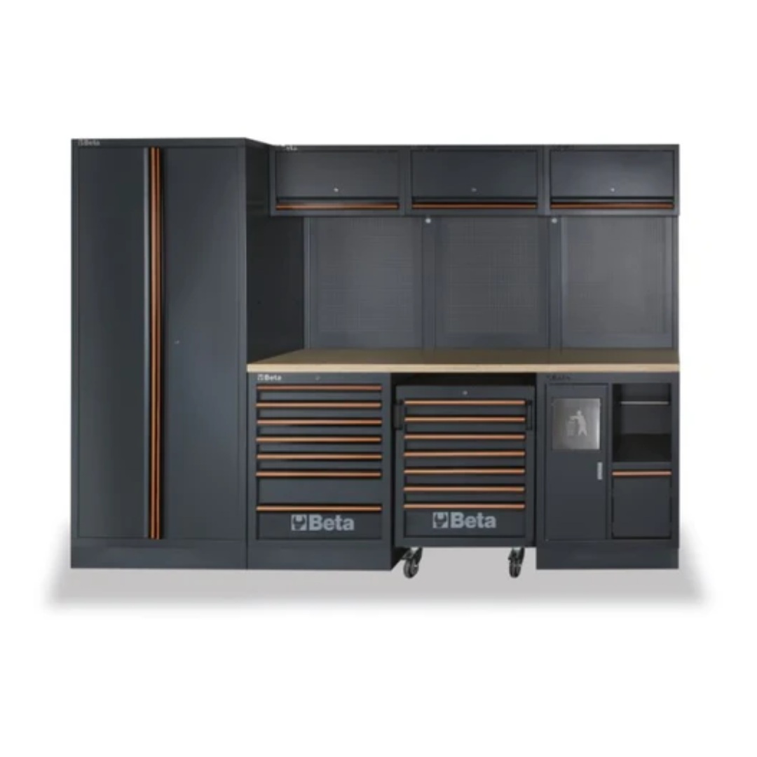 Beta Mobilier atelier modulaire C45PROX plan acier inoxydable gris orange
